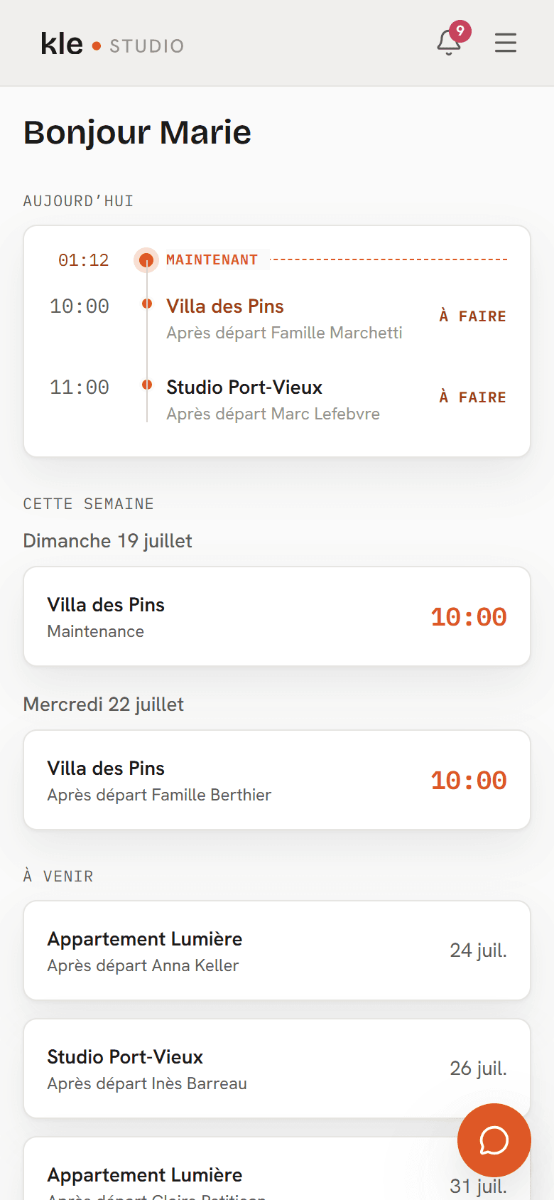 Détail d'une tâche de ménage dans Kle Studio sur mobile : logement, accès et consignes